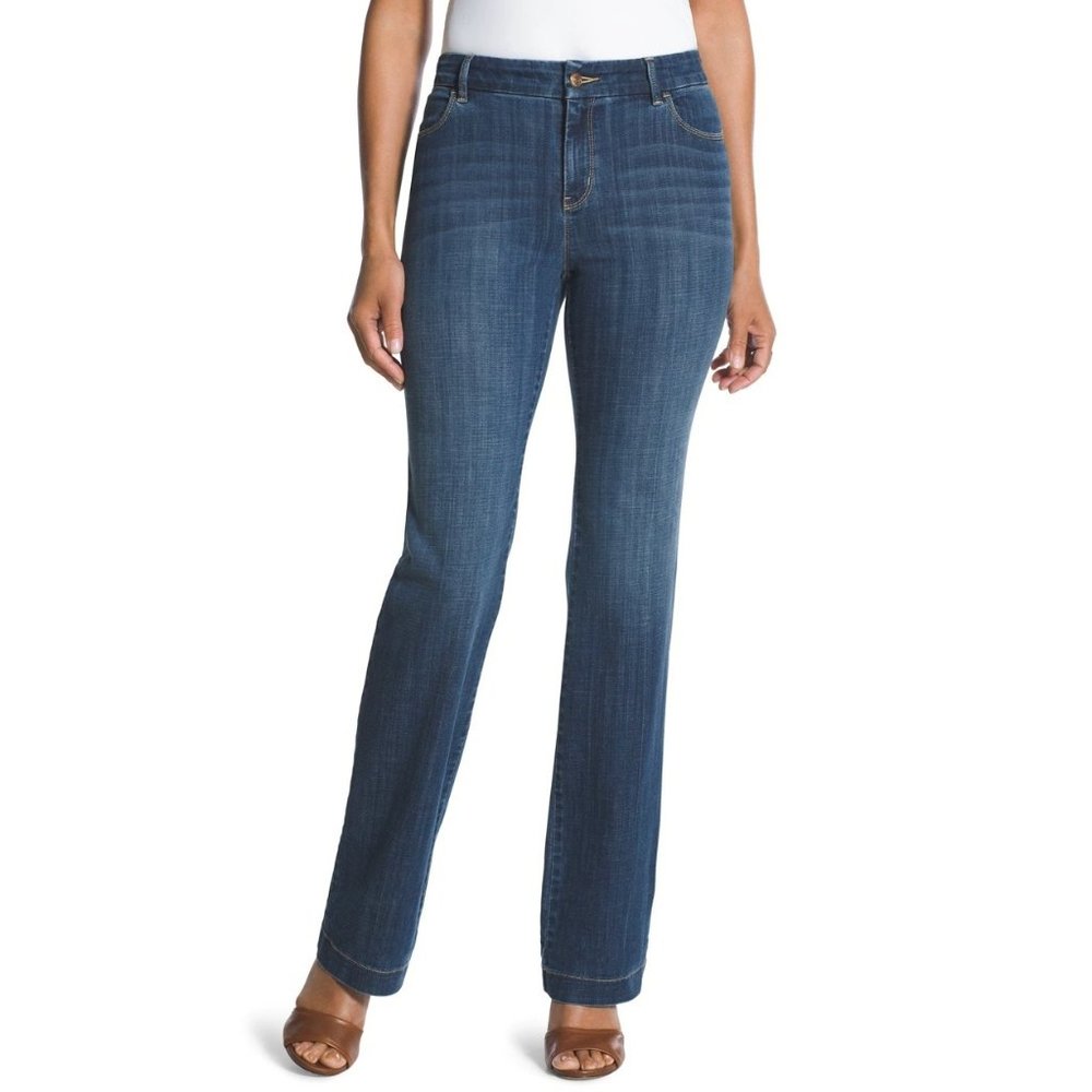 New CHICO'S 0.5 Gasparilla Indigo Blue Platinum Trouser Jeans Size 6 Full Leg